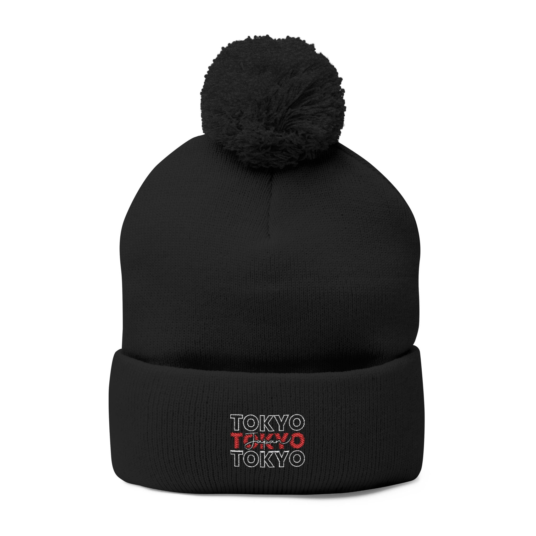 Embroidered 'Tokyo' Pom-Pom Knit Beanie – Cozy Travel & Winter Hat