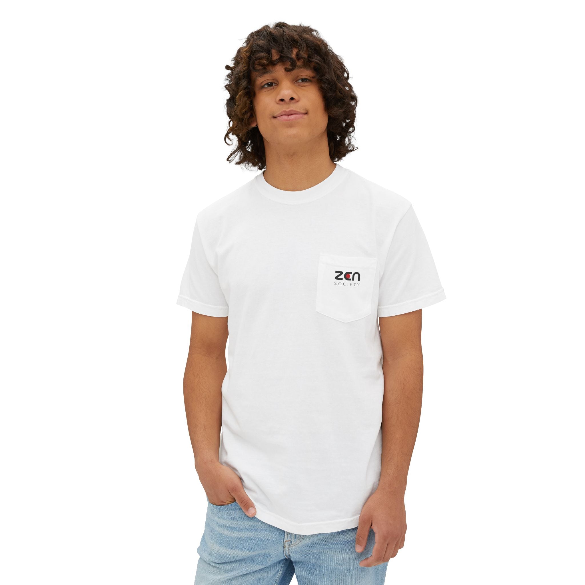 Zen Pocket T‑Shirt — Minimalist White Pocket Tee with Small 'ZEN' Logo