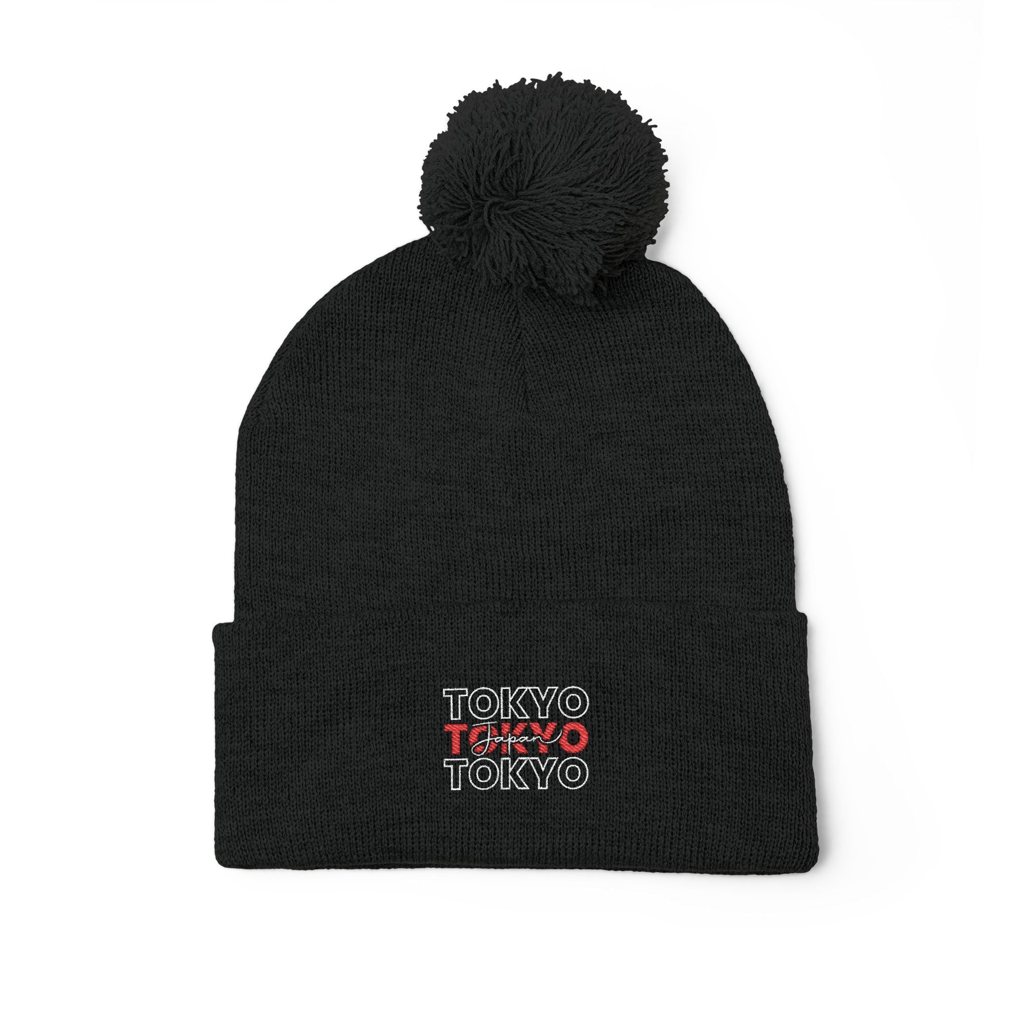 Embroidered 'Tokyo' Pom-Pom Knit Beanie – Cozy Travel & Winter Hat
