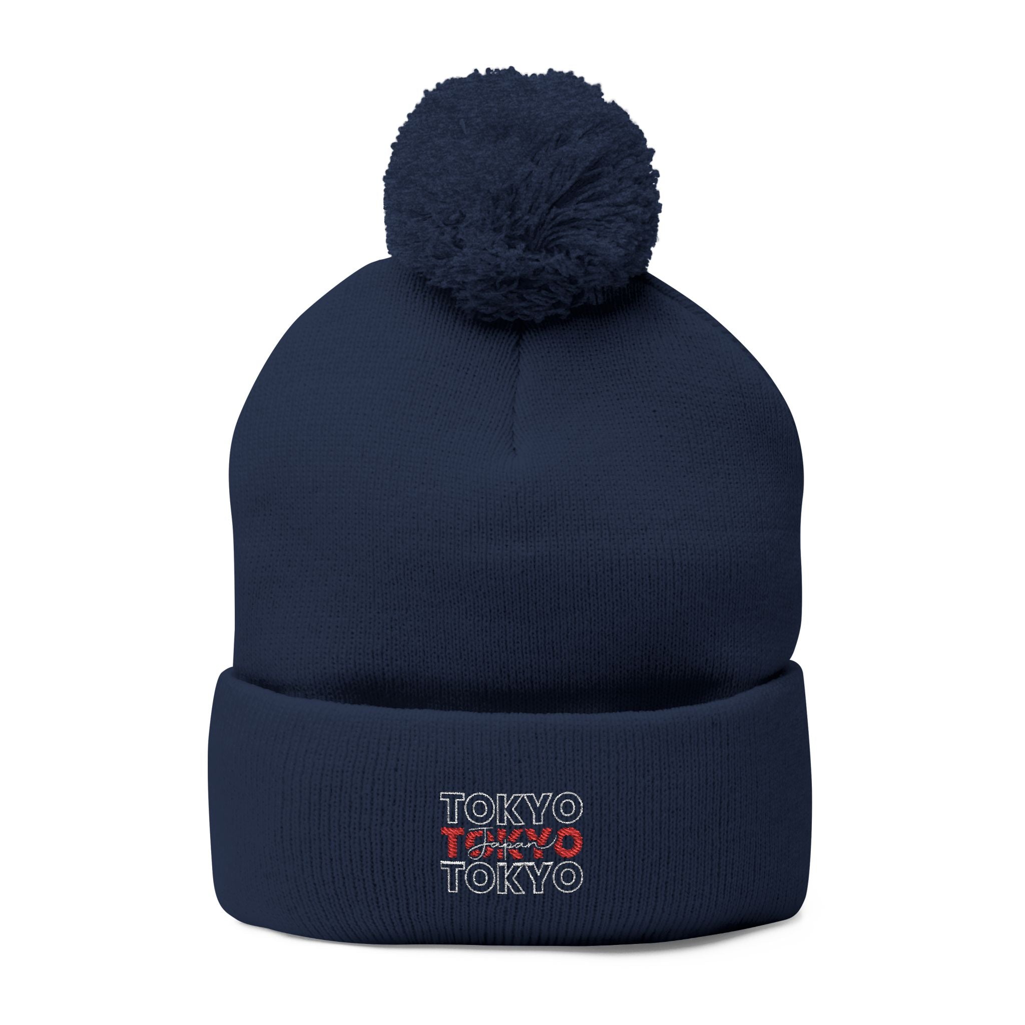 Embroidered 'Tokyo' Pom-Pom Knit Beanie – Cozy Travel & Winter Hat