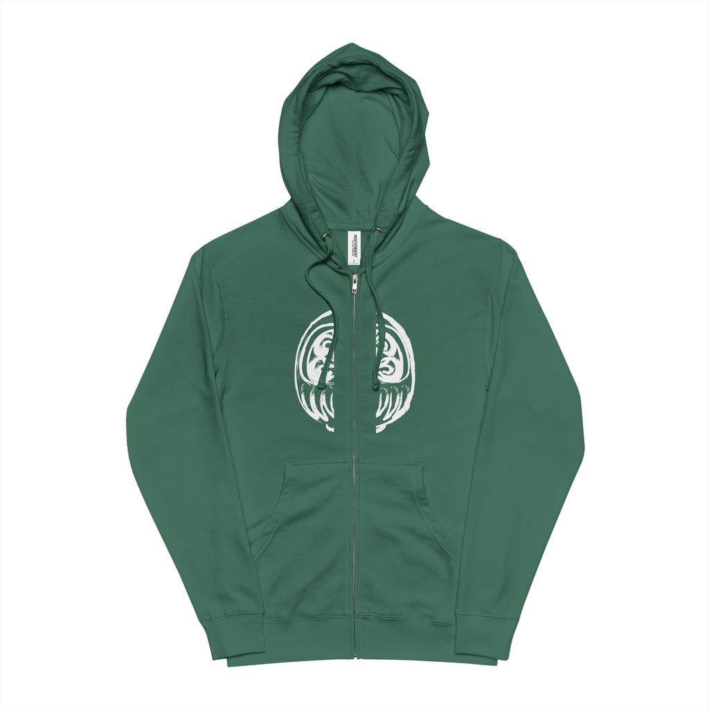 Green Minimal Crescent Zip-Up Hoodie — Simple Moon Graphic Fleece Jacket